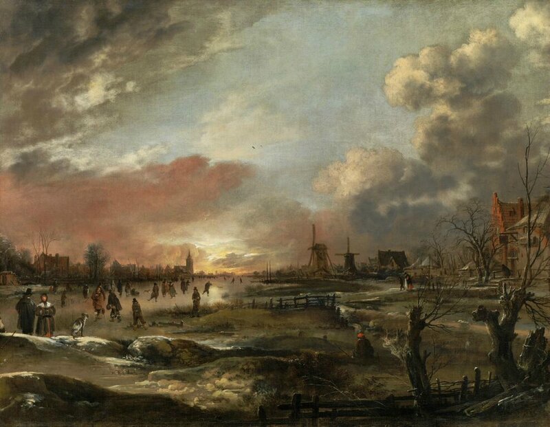 Aert van der Neer (160324 – 1677), Winter Landscape with Skaters at Sunset
