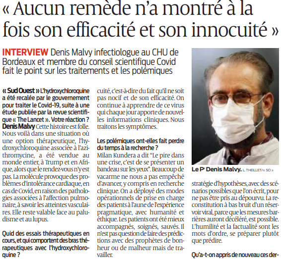 2020 05 30 SO Aucaun remède n'a montré à la fois son efficacité et son innocuité
