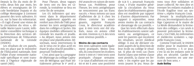 2021 03 30 SO La circulation du virus modérée mais en hausse dans les classes3