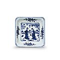 A rare blue and white <b>square</b> <b>dish</b>, Longqing four-character seal mark in underglaze blue within double <b>squares</b> and of the period 