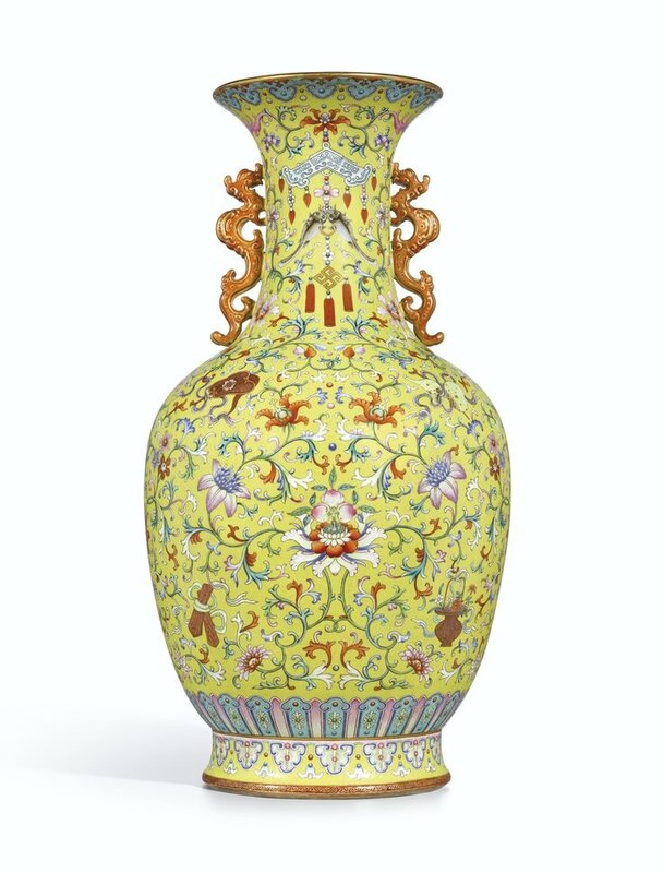 A magnificent and monumental yellow-ground famille-rose 'Anbaxian' sgraffiato vase with dragon handles, seal mark and period of Qianlong (verso)