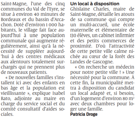 2021 09 28 SO Saint-Magne On recherche un médecin pour notre petite ville2