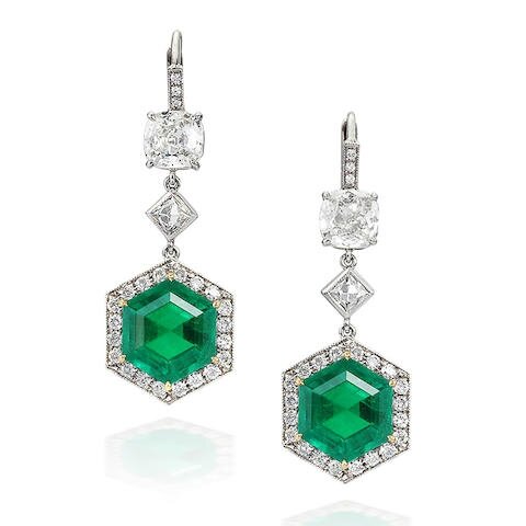 A pair of emerald and diamond pendent earrings