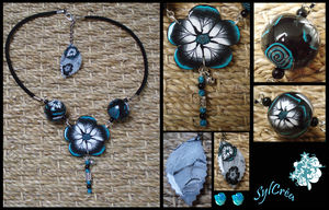 Collier_fleur_noir_blanc_et_turquoise