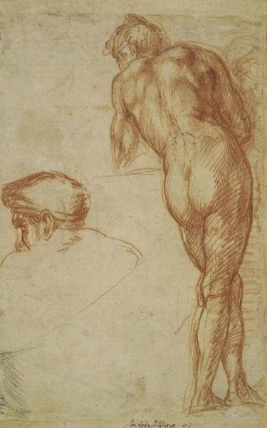 del Sarto, Study of a Nude Man Seen from Behind, Leaning on a Surface, and a Separate Study of His Head, ca