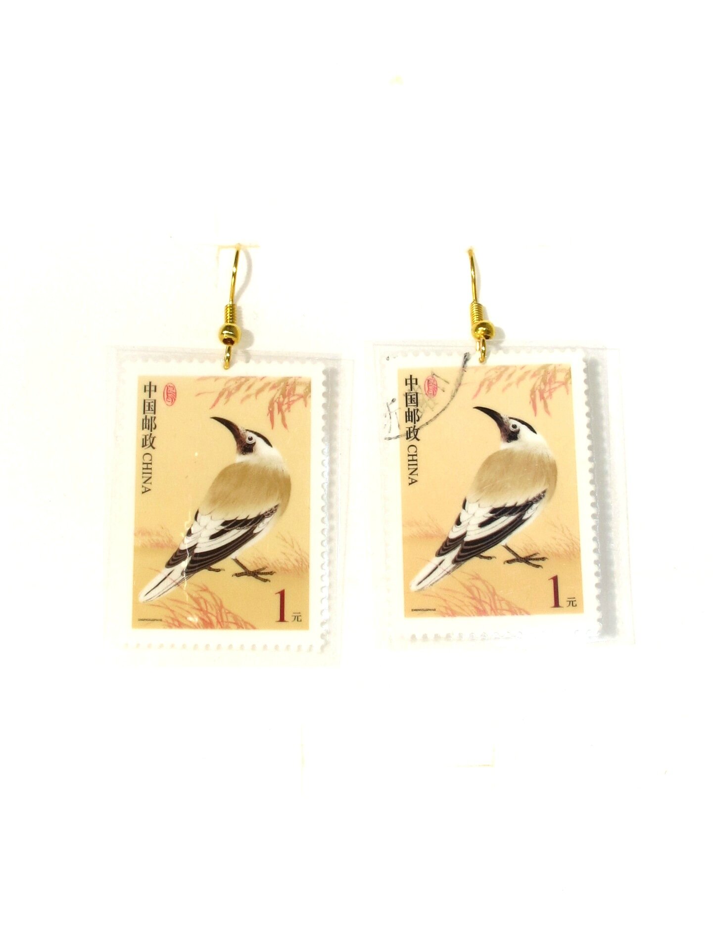 boucles d'oreilles timbre chine oiseau maron