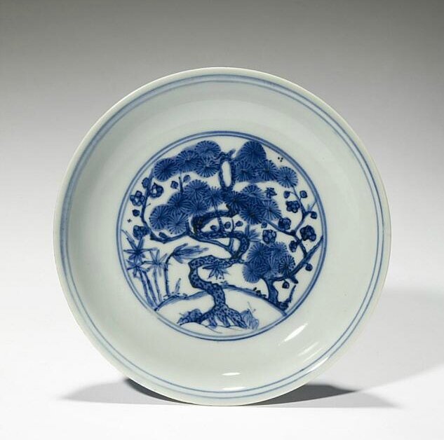 Plate with the Three Friends of Winter, Ming dynasty (1368-1644), Jiajing six-character mark and of the period