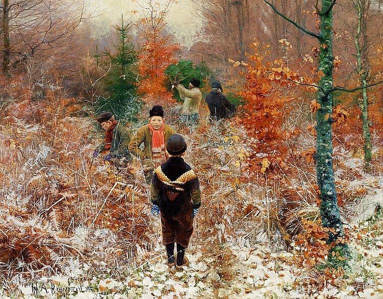 Hans Anderson Brendekilde - Cutting Christmas trees in the forest, in the foreground boys playing in the snow