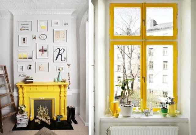 Déco touche de jaune cheminée fenêtre peinture tendance