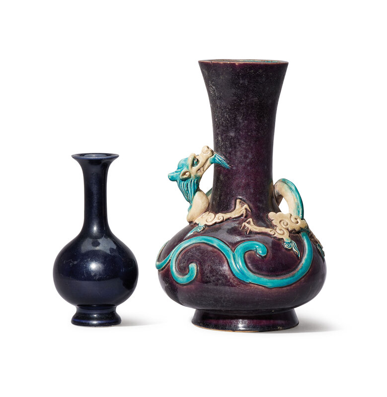 A small purple-glazed bottle vase and a fahua ‘dragon’ bottle vase, 16th-18th century