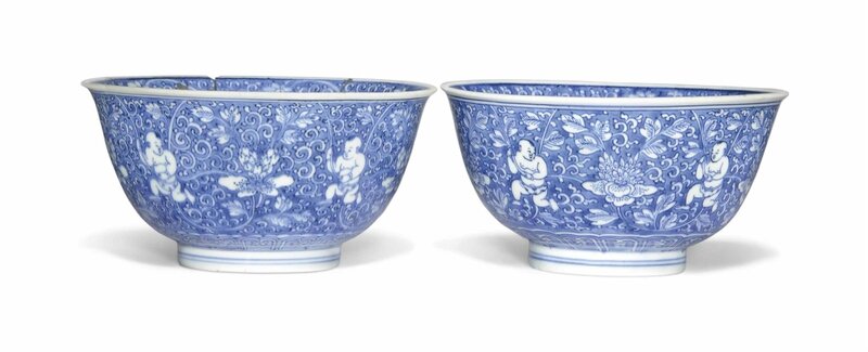 A pair of blue and white 'boys' bowls, Kangxi period (1662-1722)