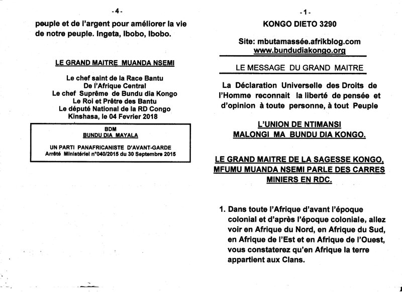 LE GRAND MAITRE DE LA SAGESSE KONGO MFUMU MUANDA NSEMI PARLE DES CARREES MINIERS EN RDC a