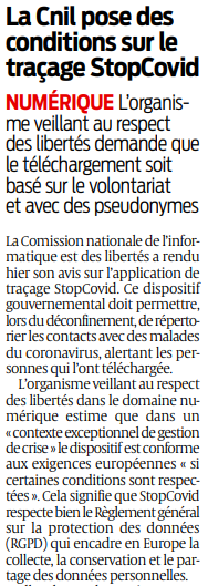 2020 04 27 SO La Cnil pose des conditions sur le traçage StopCovid