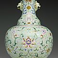 A very rare <b>celadon</b>-<b>ground</b> Famille-Rose vase, Qianlong seal mark and period