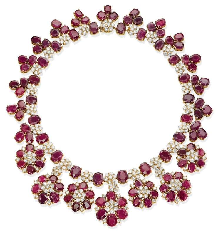 A ruby and diamond fringe necklace