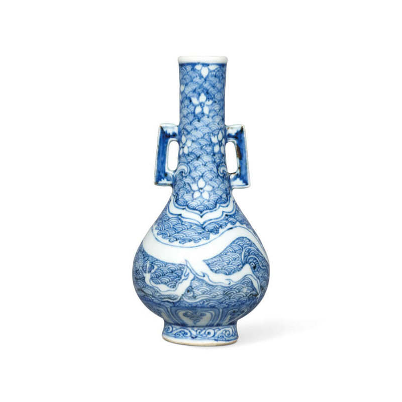 A very rare blue and white ‘dragon’ C-handled vase, Yuan dynasty (1279-1368)