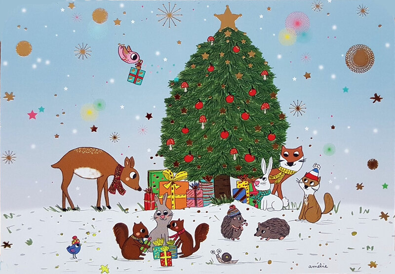 joyeux noël merry christmas animaux sapin cart de voeux