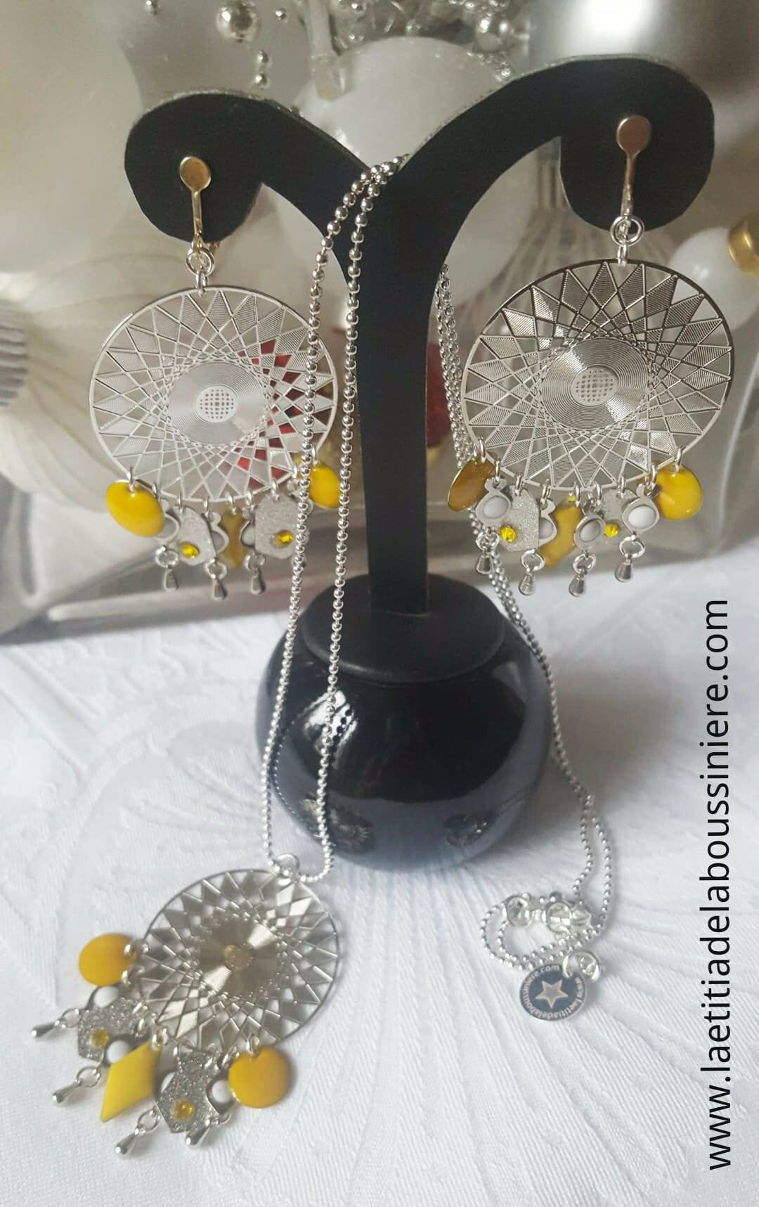 BO Aztèque et son sautoir Aztèque assortie (argenté et jaune moutarde) - 37 € le collier ; 21 € le collier