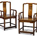 Fine pair of Chinese huanghuali and mixed hardwood armchairs, <b>18</b>-<b>19th</b> <b>century</b>