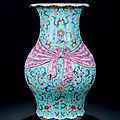 A <b>Turquoise</b>-<b>Ground</b> <b>Famille</b>-<b>Rose</b> Trompe L’oeil ‘Lotus And Bat’ Vase, Qianlong Period, 1736-1795