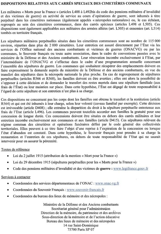 Dispositions relatives aux carrés spéciaux des cimetières communaux