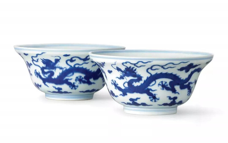 A rare pair of blue and white 'Dragon' ogee bowls, marks and period of Yongzheng (1723-1735)