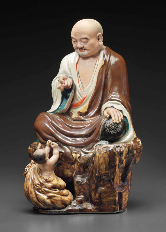 An enameled and biscuit figure of luohan, Seal of Zeng Longsheng, Republic period (1912-1949)