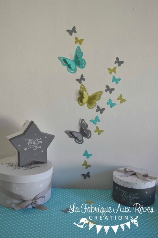 stickers papillons 3D turquoise anis gris - décoration chambre bébé turquoise anis gris
