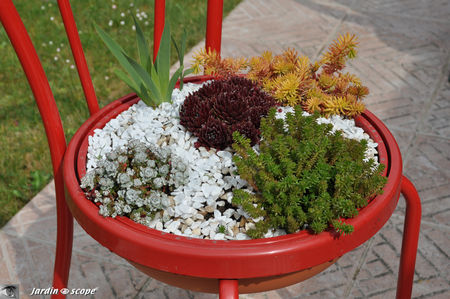 Chaise bistrot recyclée en jardinière - composition florale