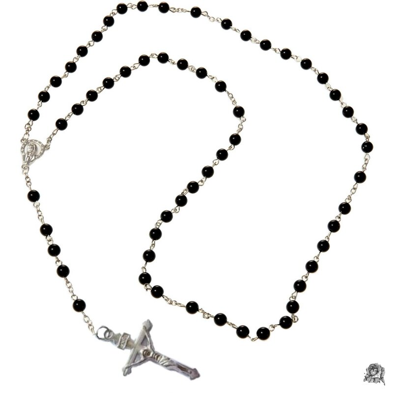 Collier Chapelet Crucifix Perles Noires 6 mm Métal Argenté