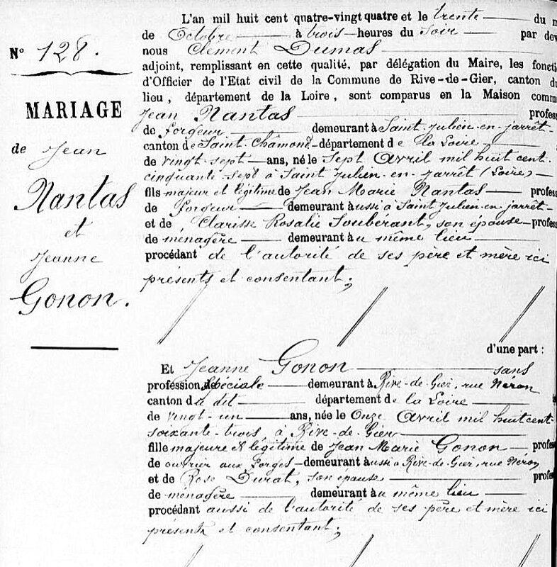 mariage Nantas Gonon 1884