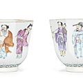 A pair of famille rose '<b>Eight</b> <b>Immortals</b>' <b>wine</b> <b>cups</b>, Iron-red Daoguang seal marks and of the period (1821-1850)