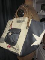 Sac cabas FELICIE n°22 en toile de coton mastic imprimé oiseaux et simili cuir gris anthracite