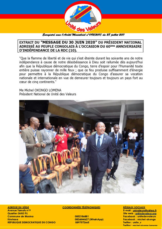 EXTRAIT DU MESSAGE DU 30 JUIN 2020 DU PRÉSIDENT NATIONAL ADRESSÉ AU PEUPLE CONGOLAIS À L’OCCASION DU 60ème ANNIVERSAIRE D’INDÉPENDANCE DE LA RDC (10)