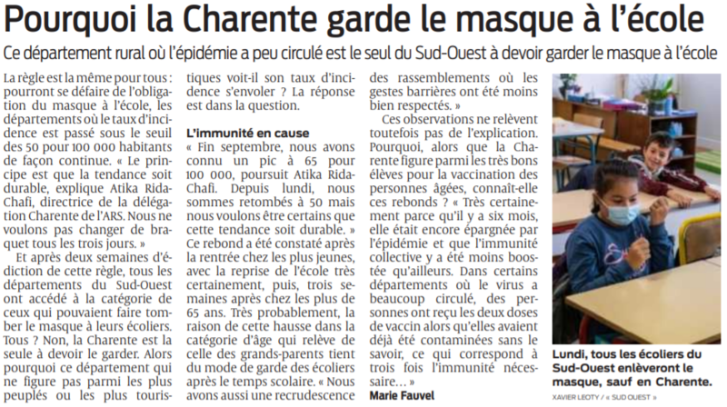 2021 10 08 SO Pourquoi la Charente garde le masque à l'école