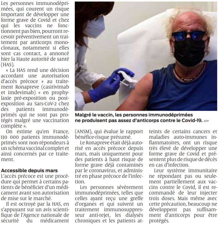 2021 08 07 SO Feu vert à un traitement préventif pour les personnes immunodéprimés2