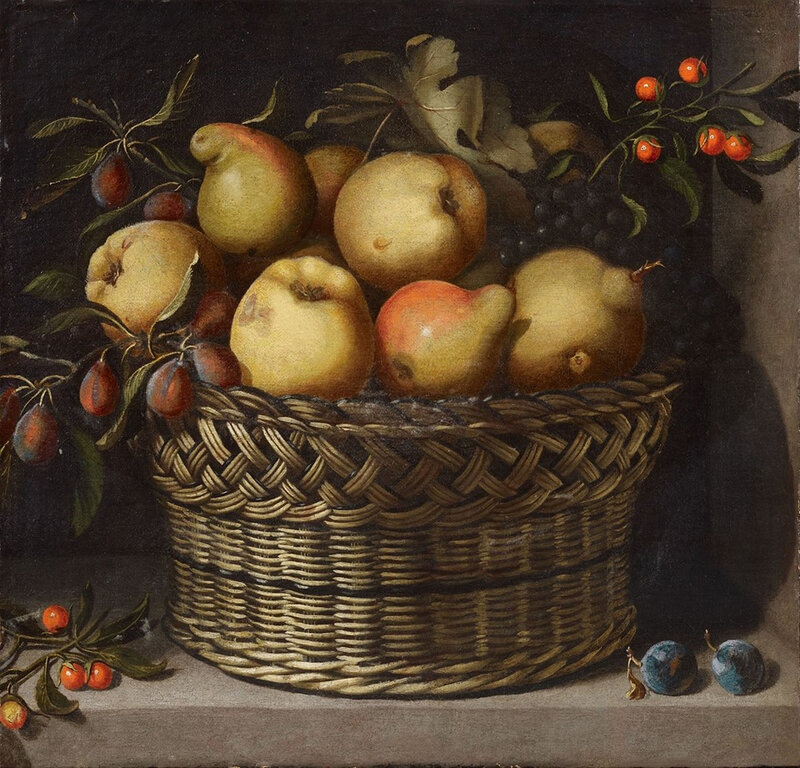 Juan van der Hamen Y Leon (1596 Madrid - 1631 Madrid), Apples, quinces, plums and cherries in a wicker basket. Oil on canvas (relined). 51 x 53.8 cm