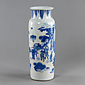 A blue and <b>white</b> rouleau vase with a figural scene, Transitional period