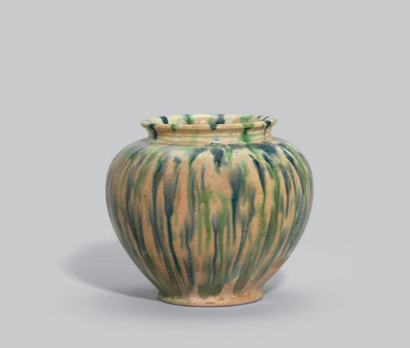 A sancai-glazed blue-splashed pottery jar, Tang dynasty (618-907)