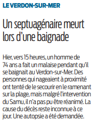 2020 09 04 SO Un septuagénaire meurt lors d'une baignade
