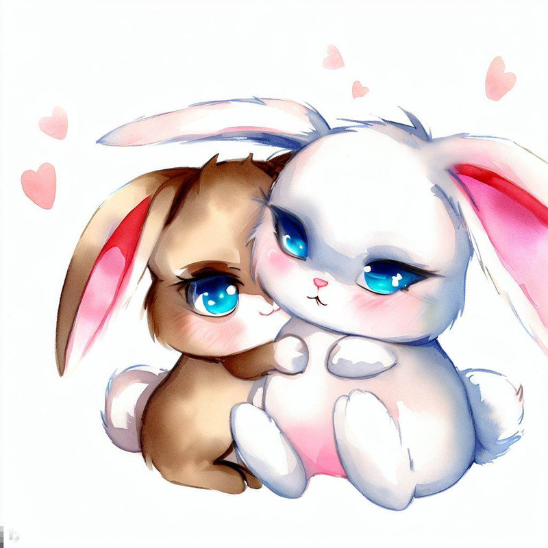 lapin calin grand yeux bleus anime chibi style valentin love amour watercolor beautiful