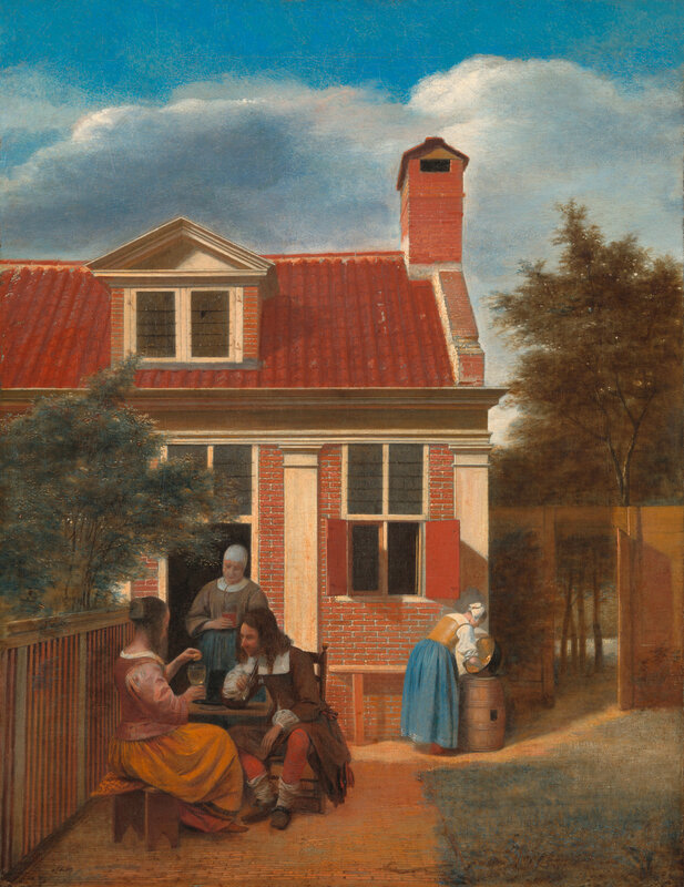 Pieter-de-Hooch-Three-women-and-a-man-in-a-yard-behind-a-house-circa-1663-1665