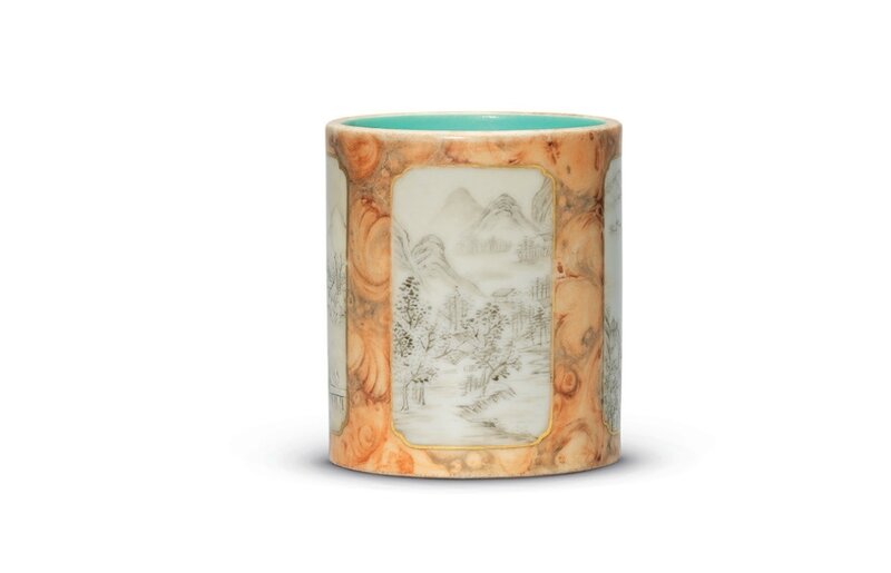 A very rare simulated marble and grisaille-decorated 'landscape' brush pot, Qianlong gilt four-character seal mark and of the period (1736-1795)