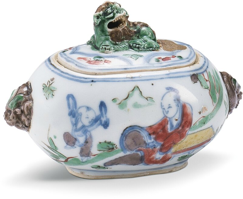 An unusual wucai incense burner and cover, Ming dynasty, 17th century