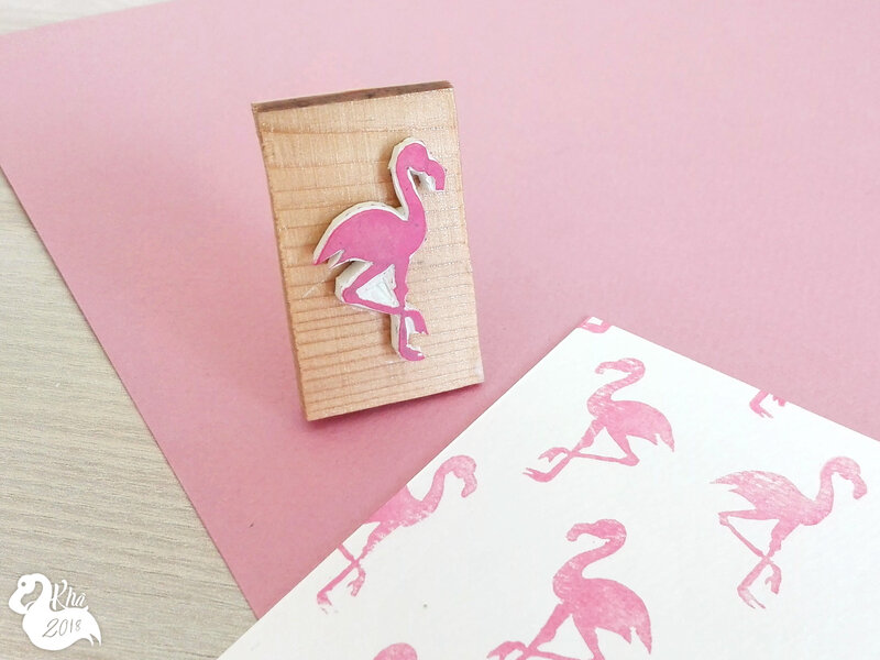 Handmade handcarved pink flamingo bird summer wood stamp tampon flamant rose bois fait-main 03