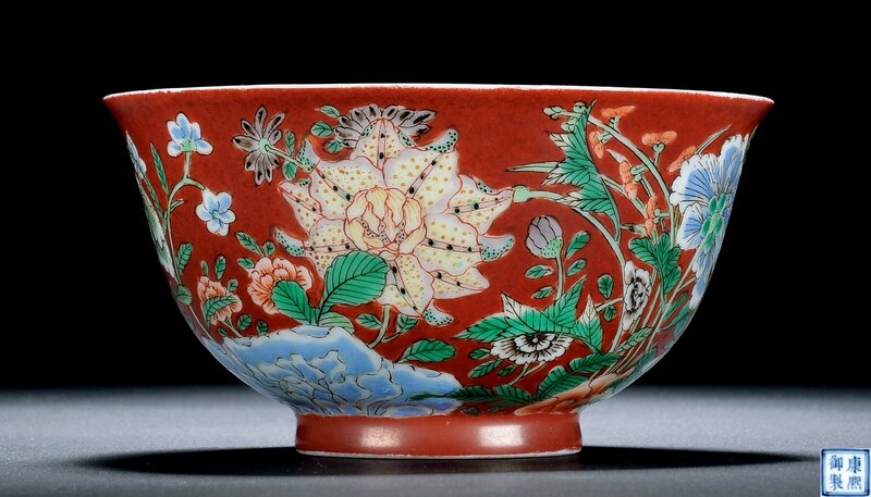 An Imperial Coral-ground Wucai and Yangcai ‘Floral’ Bowl, Mark and Period of Kangxi, 1662–1722