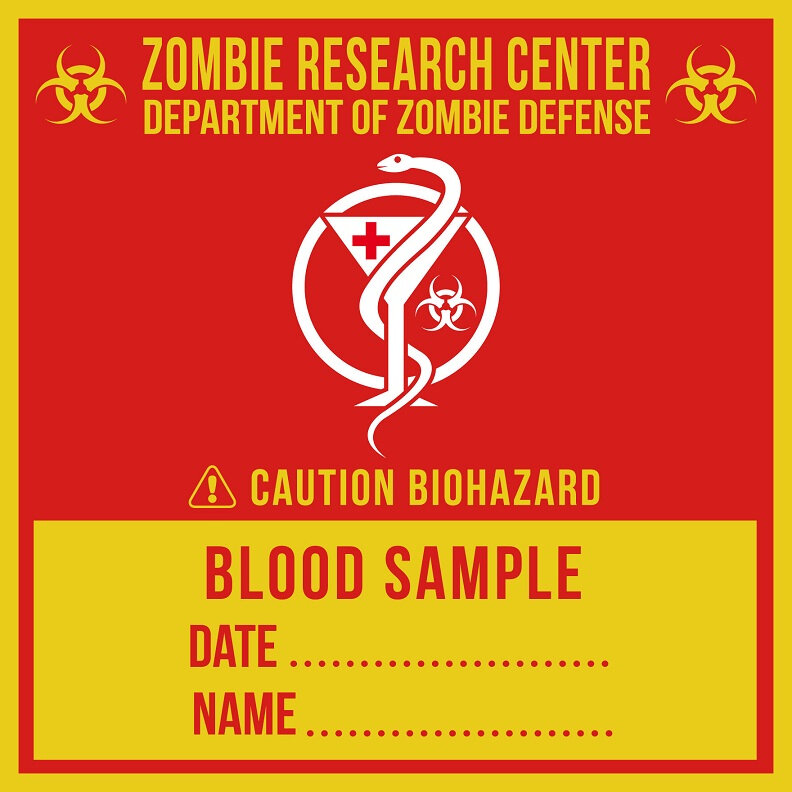 label zombie biohazard blood sample radioactive danger caution project antivirus research center laboratory virus