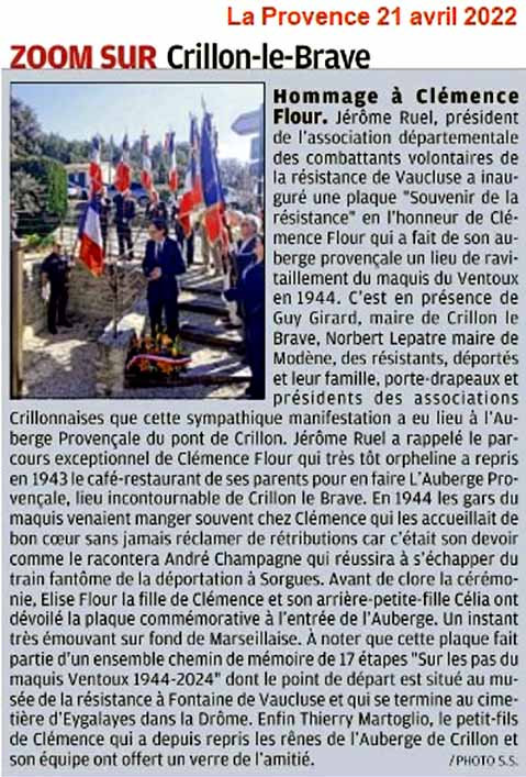 Article La Provence 21 avril 2022, cérémonie de Crillon-le-Brave