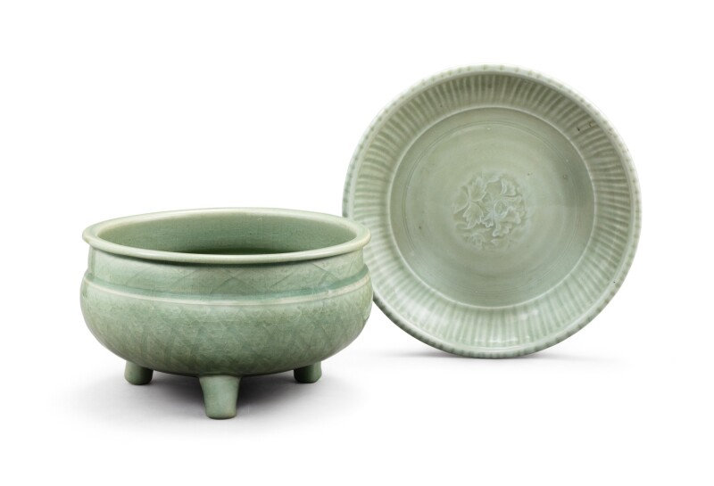 A Longquan celadon dish and tripod incense burner Ming dynasty