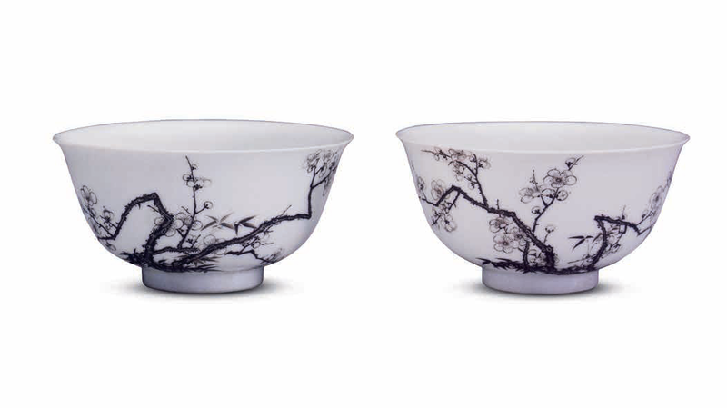 A pair of falangcai prunus and bamboo bowls, Yongzheng marks and period